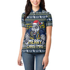Personalized Cowboys Christmas Women Polo Shirt Australian Rugby Fans - Pixelated Ugly Xmas Pattern Mascot Santa