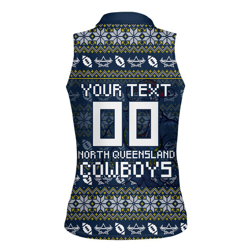 Personalized Cowboys Christmas Women Sleeveless Polo Shirt Australian Rugby Fans - Pixelated Ugly Xmas Pattern Mascot Santa