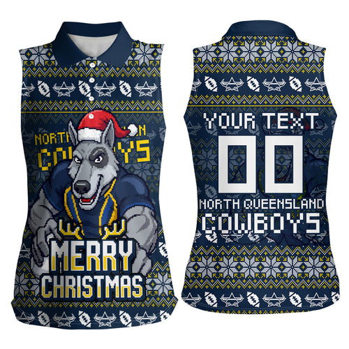 Personalized Cowboys Christmas Women Sleeveless Polo Shirt Australian Rugby Fans - Pixelated Ugly Xmas Pattern Mascot Santa