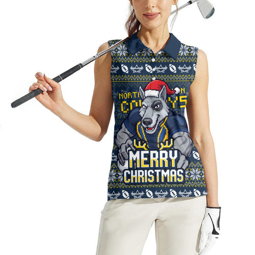 Personalized Cowboys Christmas Women Sleeveless Polo Shirt Australian Rugby Fans - Pixelated Ugly Xmas Pattern Mascot Santa