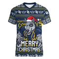 Personalized Cowboys Christmas Women V-Neck T-Shirt Australian Rugby Fans - Pixelated Ugly Xmas Pattern Mascot Santa