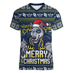 Personalized Cowboys Christmas Women V-Neck T-Shirt Australian Rugby Fans - Pixelated Ugly Xmas Pattern Mascot Santa