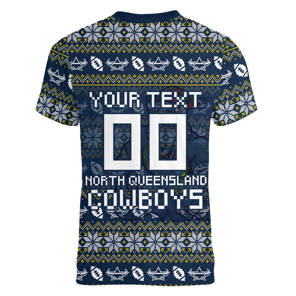 Personalized Cowboys Christmas Women V-Neck T-Shirt Australian Rugby Fans - Pixelated Ugly Xmas Pattern Mascot Santa