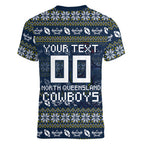 Personalized Cowboys Christmas Women V-Neck T-Shirt Australian Rugby Fans - Pixelated Ugly Xmas Pattern Mascot Santa