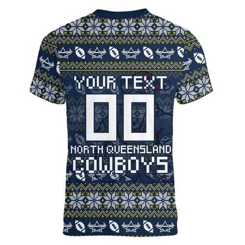 Personalized Cowboys Christmas Women V-Neck T-Shirt Australian Rugby Fans - Pixelated Ugly Xmas Pattern Mascot Santa
