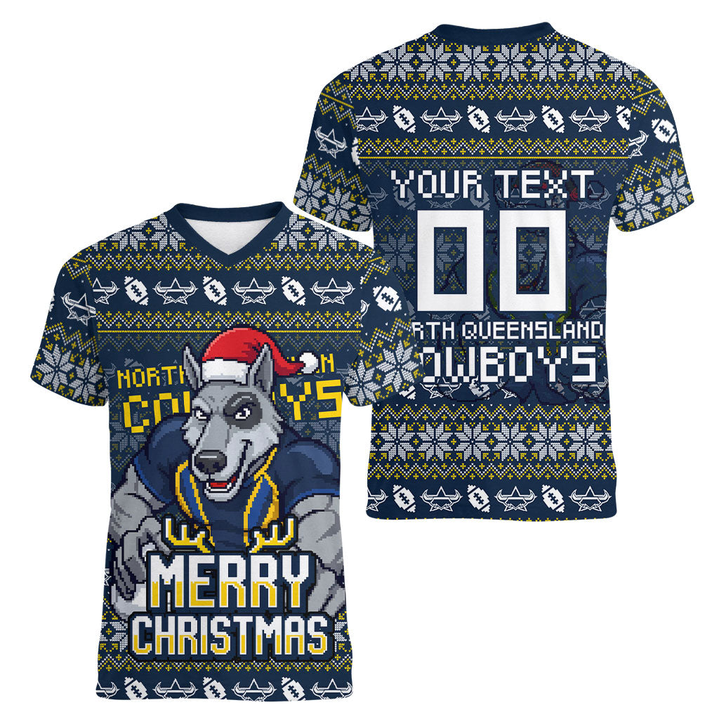 Personalized Cowboys Christmas Women V-Neck T-Shirt Australian Rugby Fans - Pixelated Ugly Xmas Pattern Mascot Santa