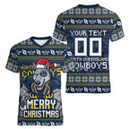 Personalized Cowboys Christmas Women V-Neck T-Shirt Australian Rugby Fans - Pixelated Ugly Xmas Pattern Mascot Santa