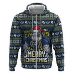 Personalized Cowboys Christmas Zip Hoodie Australian Rugby Fans - Pixelated Ugly Xmas Pattern Mascot Santa