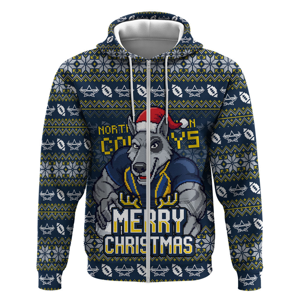 Personalized Cowboys Christmas Zip Hoodie Australian Rugby Fans - Pixelated Ugly Xmas Pattern Mascot Santa