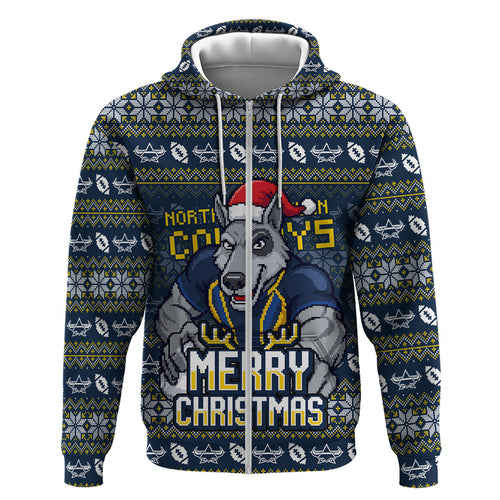 Personalized Cowboys Christmas Zip Hoodie Australian Rugby Fans - Pixelated Ugly Xmas Pattern Mascot Santa