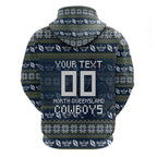 Personalized Cowboys Christmas Zip Hoodie Australian Rugby Fans - Pixelated Ugly Xmas Pattern Mascot Santa