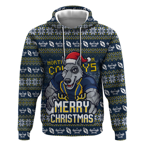 Personalized Cowboys Christmas Zip Hoodie Australian Rugby Fans - Pixelated Ugly Xmas Pattern Mascot Santa
