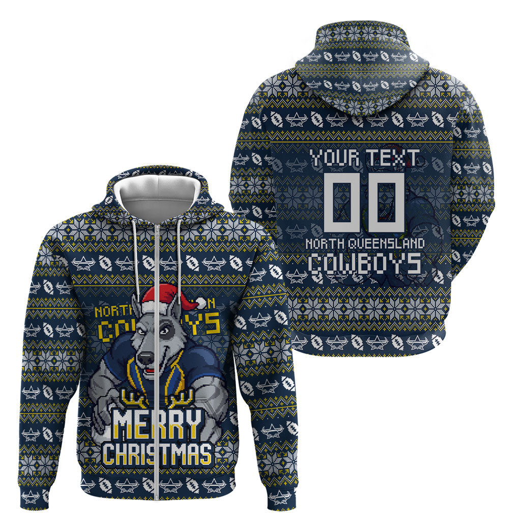 Personalized Cowboys Christmas Zip Hoodie Australian Rugby Fans - Pixelated Ugly Xmas Pattern Mascot Santa