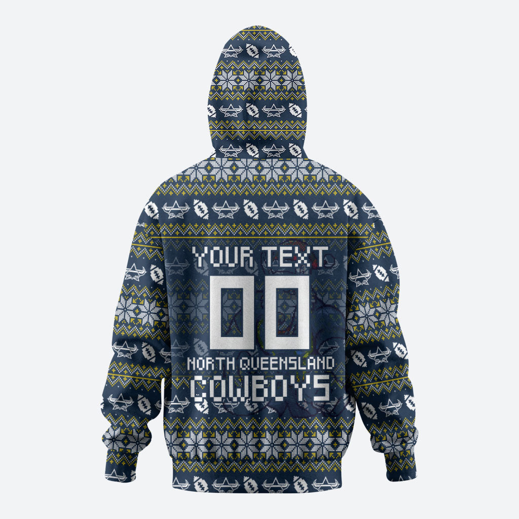 Personalized Cowboys Christmas Zip Hoodie Australian Rugby Fans - Pixelated Ugly Xmas Pattern Mascot Santa