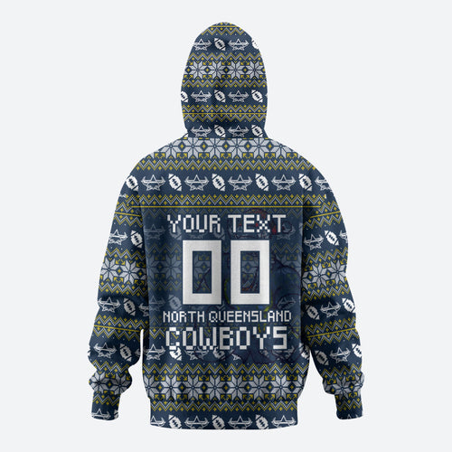 Personalized Cowboys Christmas Zip Hoodie Australian Rugby Fans - Pixelated Ugly Xmas Pattern Mascot Santa
