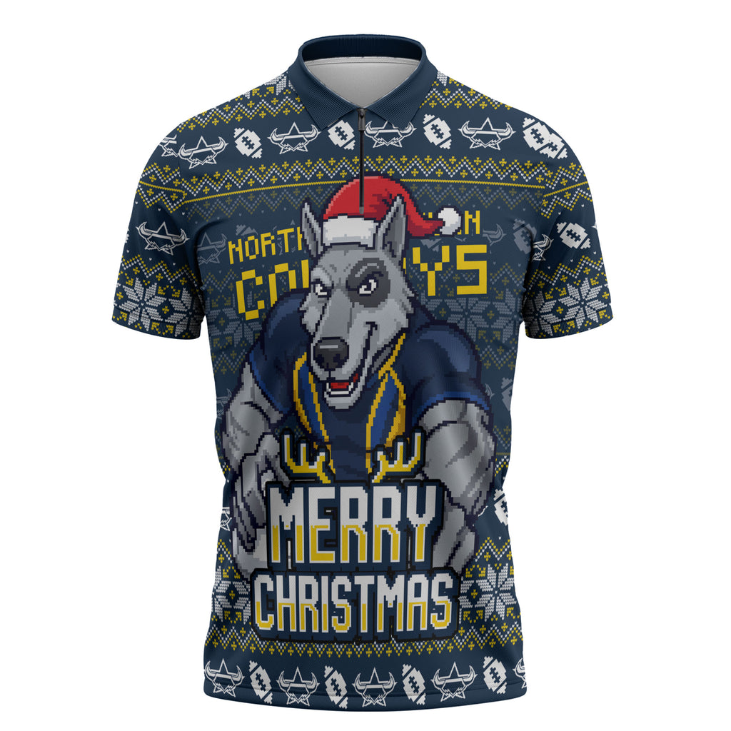 Personalized Cowboys Christmas Zipper Polo Shirt Australian Rugby Fans - Pixelated Ugly Xmas Pattern Mascot Santa