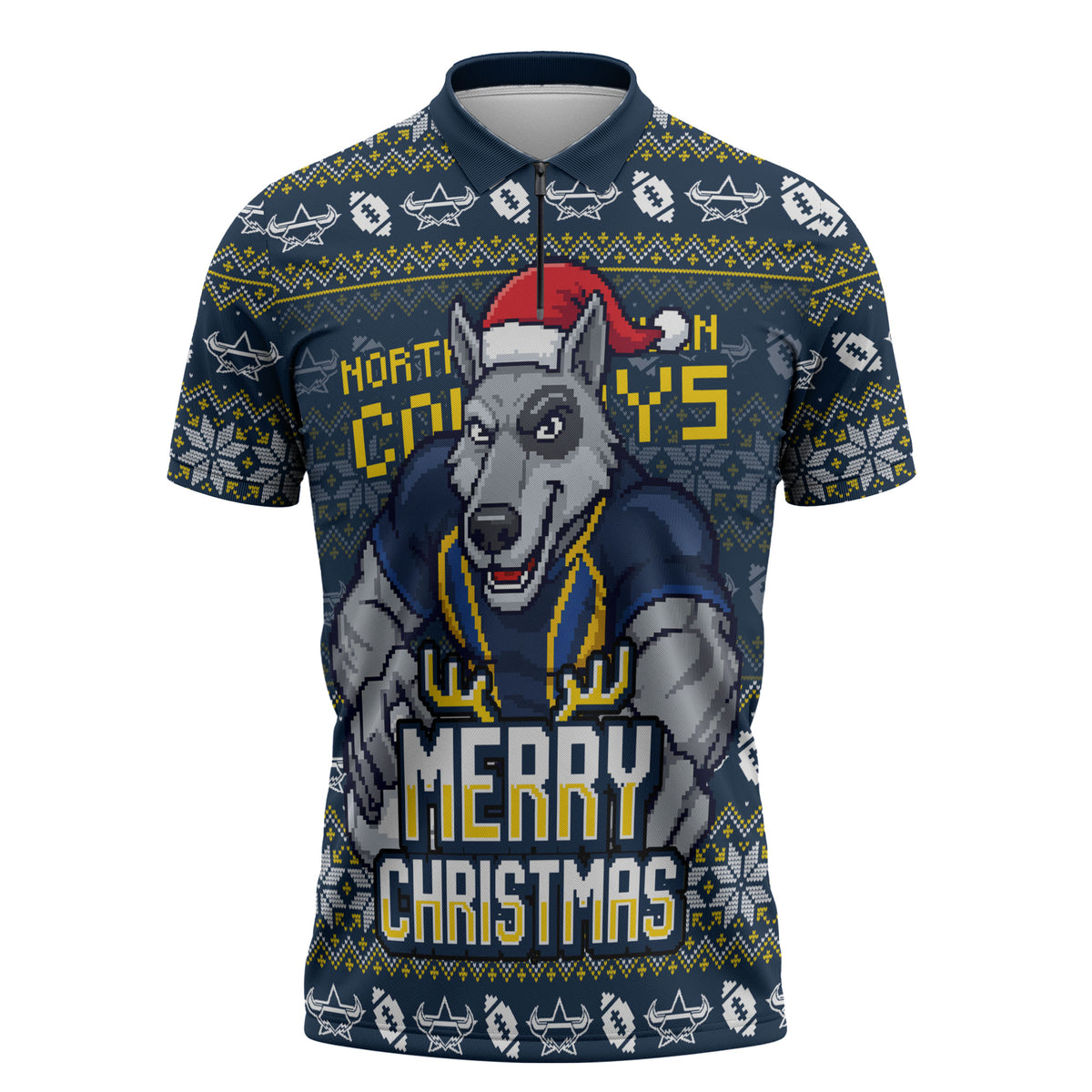 Personalized Cowboys Christmas Zipper Polo Shirt Australian Rugby Fans - Pixelated Ugly Xmas Pattern Mascot Santa