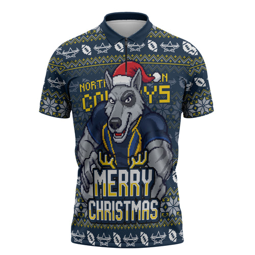 Personalized Cowboys Christmas Zipper Polo Shirt Australian Rugby Fans - Pixelated Ugly Xmas Pattern Mascot Santa