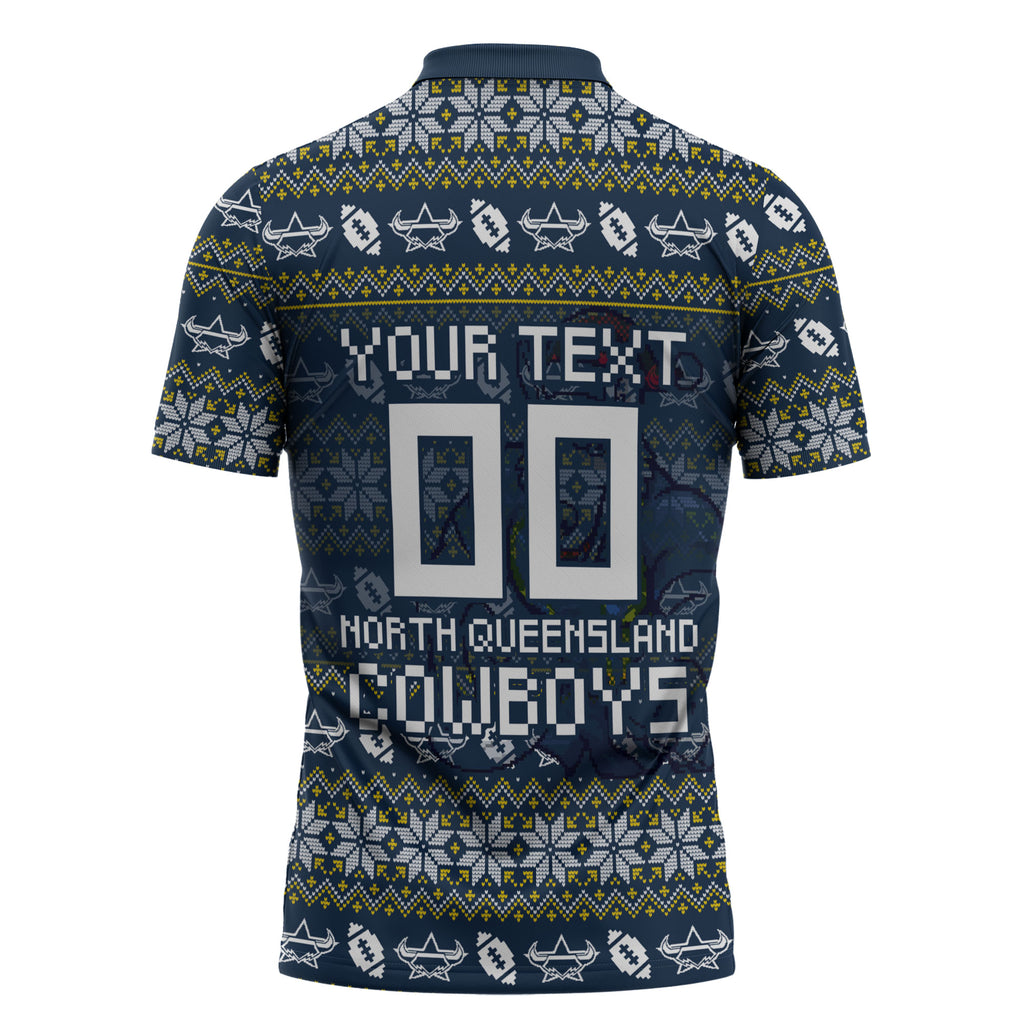 Personalized Cowboys Christmas Zipper Polo Shirt Australian Rugby Fans - Pixelated Ugly Xmas Pattern Mascot Santa