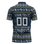 Personalized Cowboys Christmas Zipper Polo Shirt Australian Rugby Fans - Pixelated Ugly Xmas Pattern Mascot Santa