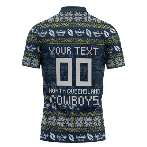 Personalized Cowboys Christmas Zipper Polo Shirt Australian Rugby Fans - Pixelated Ugly Xmas Pattern Mascot Santa