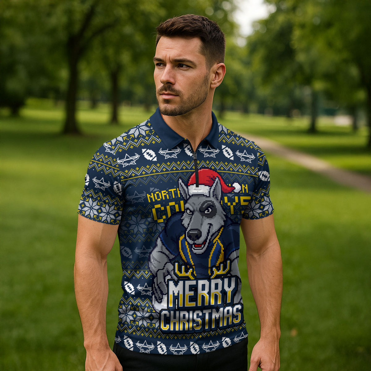 Personalized Cowboys Christmas Zipper Polo Shirt Australian Rugby Fans - Pixelated Ugly Xmas Pattern Mascot Santa