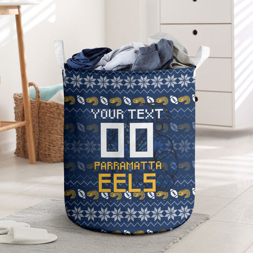 Personalized Parramatta Eels Christmas Laundry Basket Australian Rugby Fans - Pixelated Ugly Xmas Pattern Mascot Santa