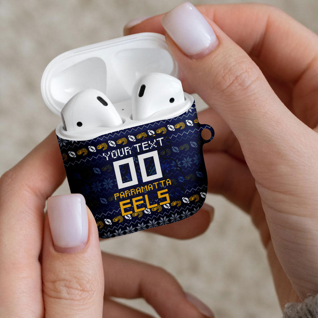 Personalized Parramatta Eels Christmas AirPods Case Australian Rugby Fans - Pixelated Ugly Xmas Pattern Mascot Santa
