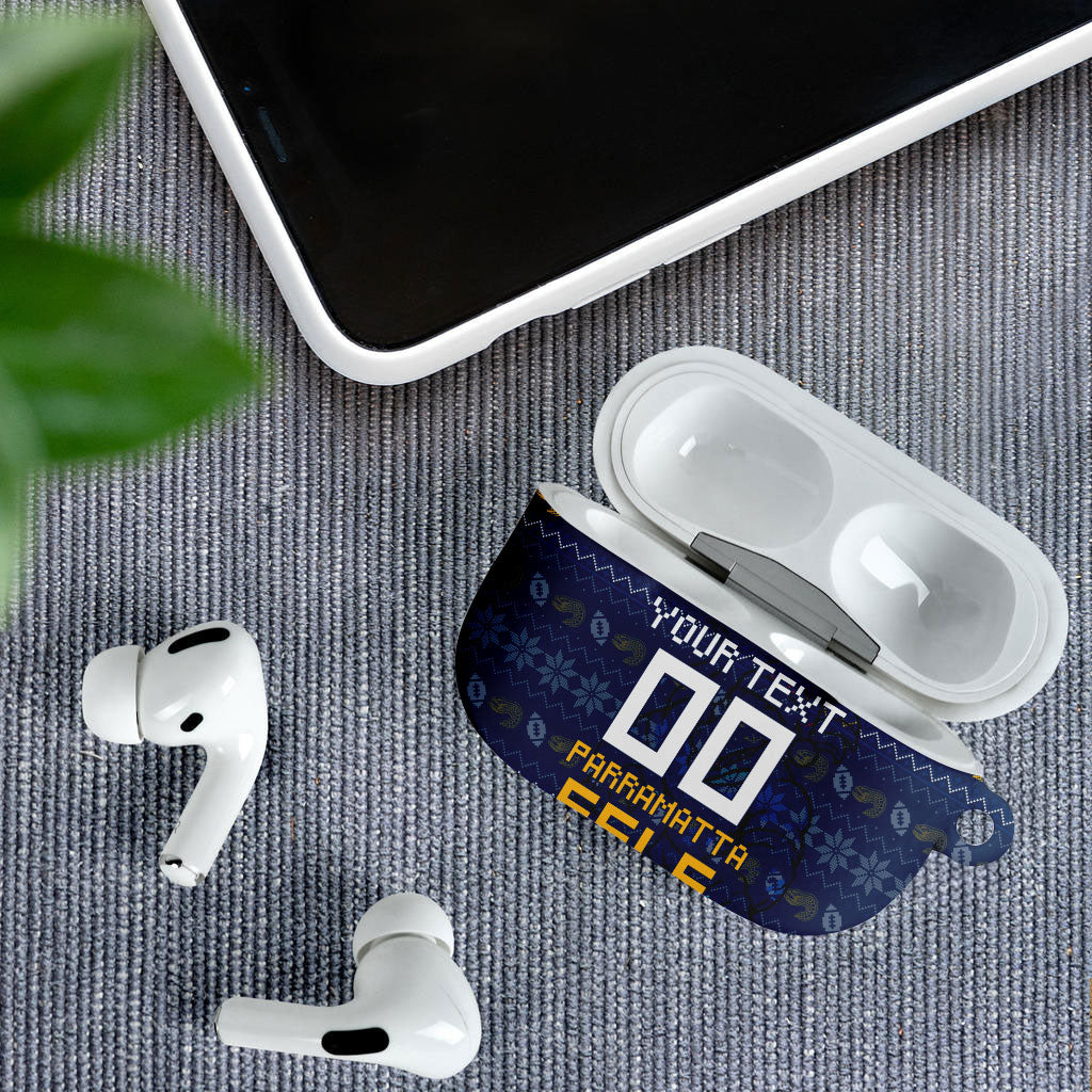 Personalized Parramatta Eels Christmas AirPods Case Australian Rugby Fans - Pixelated Ugly Xmas Pattern Mascot Santa