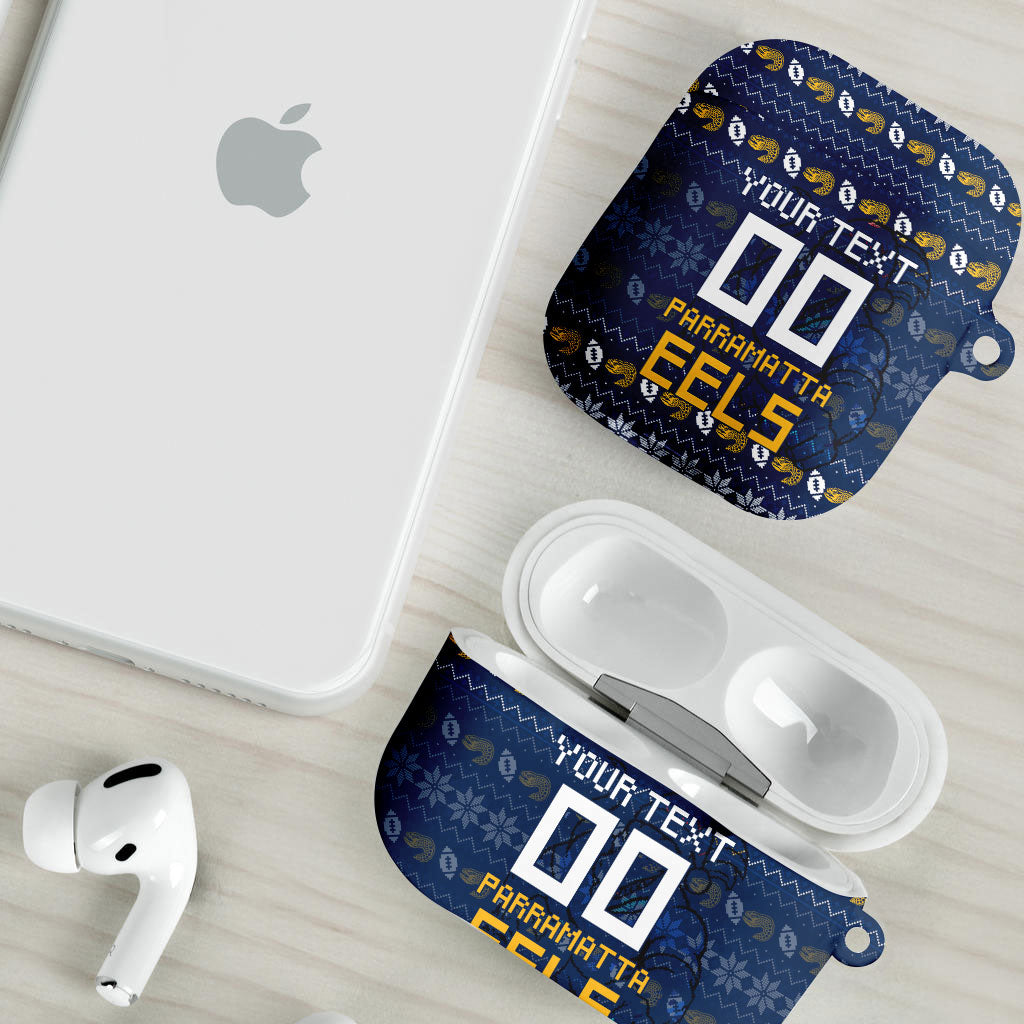 Personalized Parramatta Eels Christmas AirPods Case Australian Rugby Fans - Pixelated Ugly Xmas Pattern Mascot Santa