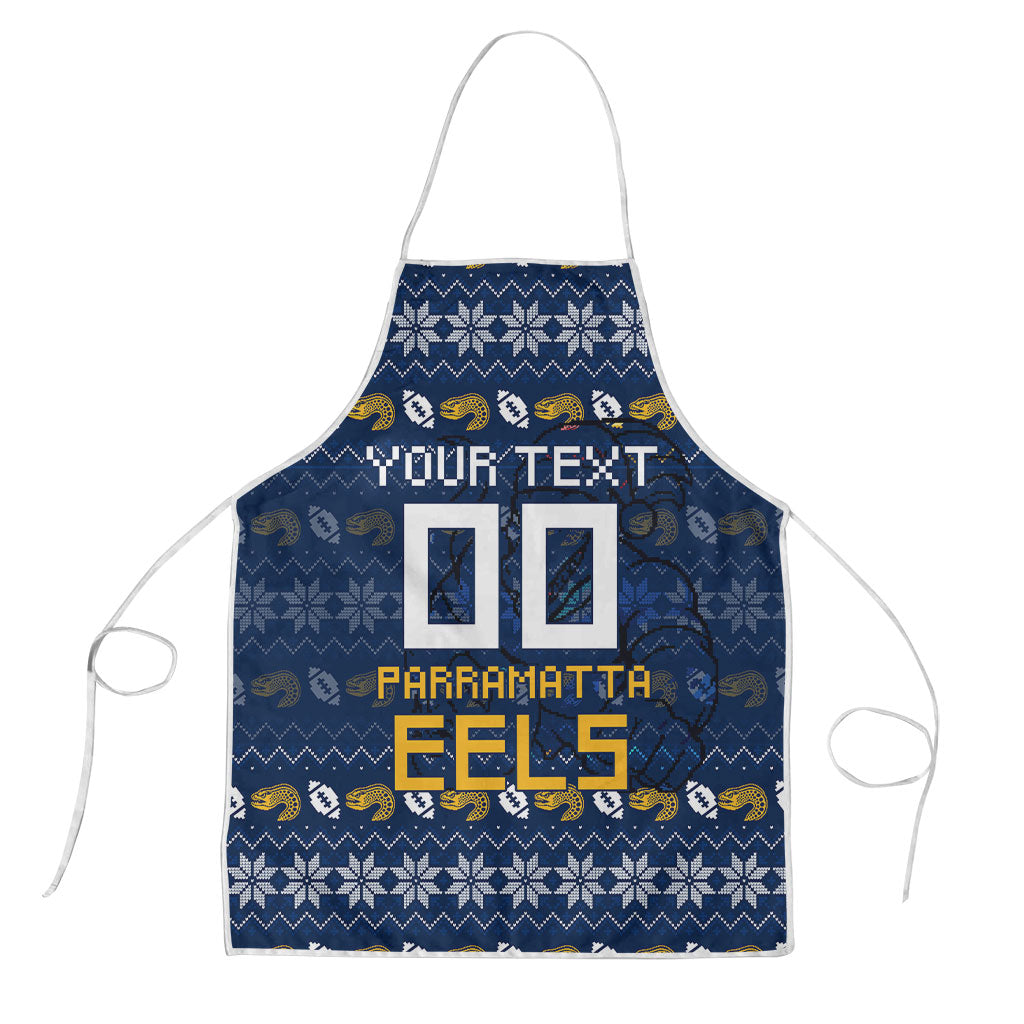 Personalized Parramatta Eels Christmas Apron Australian Rugby Fans - Pixelated Ugly Xmas Pattern Mascot Santa