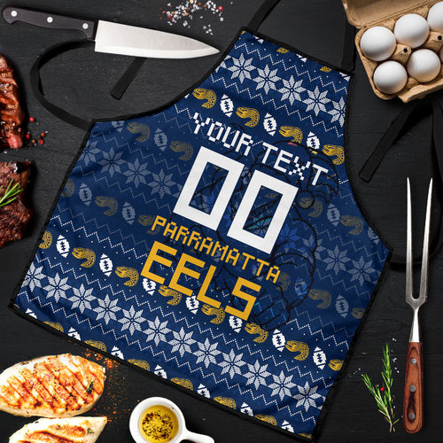 Personalized Parramatta Eels Christmas Apron Australian Rugby Fans - Pixelated Ugly Xmas Pattern Mascot Santa