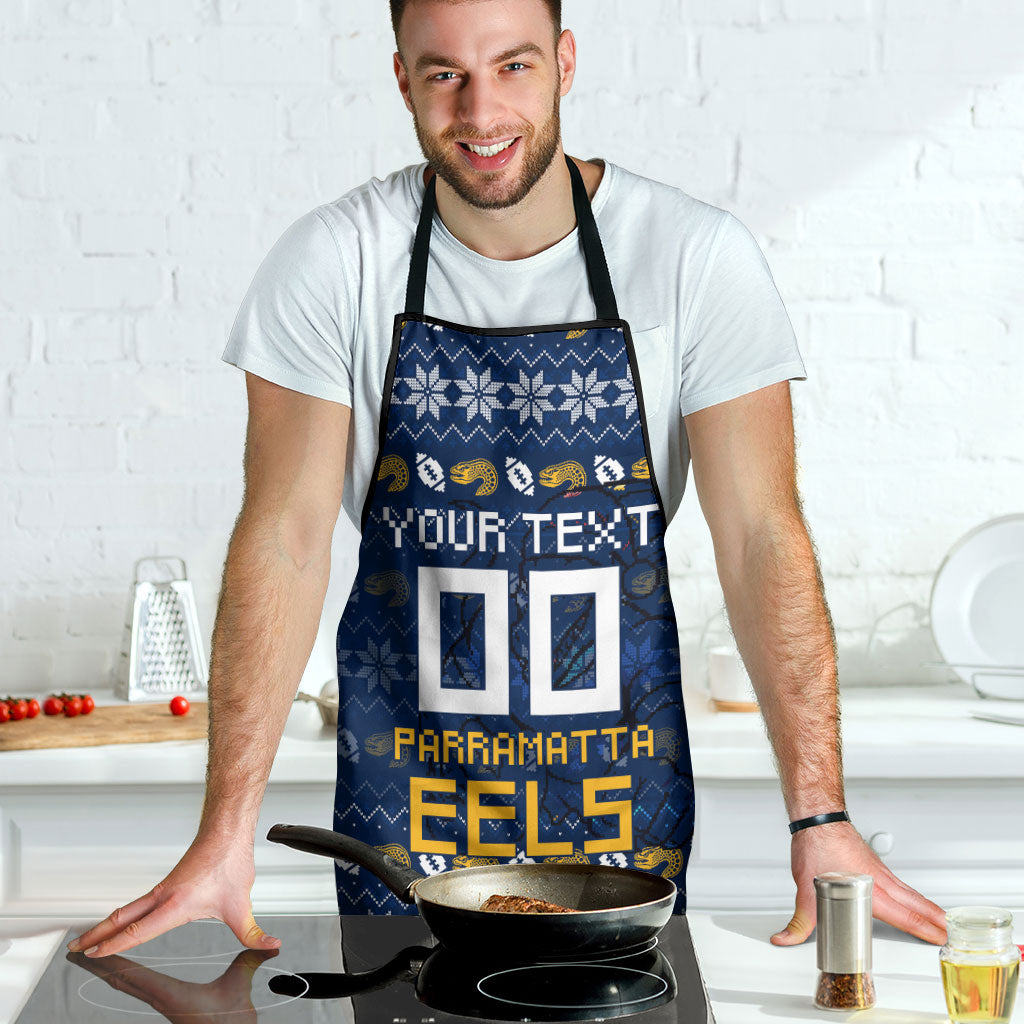 Personalized Parramatta Eels Christmas Apron Australian Rugby Fans - Pixelated Ugly Xmas Pattern Mascot Santa