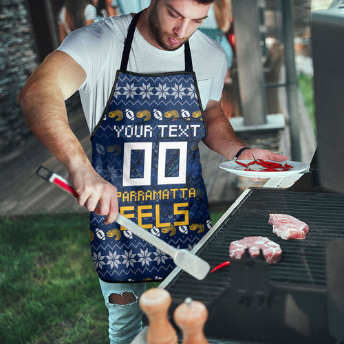Personalized Parramatta Eels Christmas Apron Australian Rugby Fans - Pixelated Ugly Xmas Pattern Mascot Santa