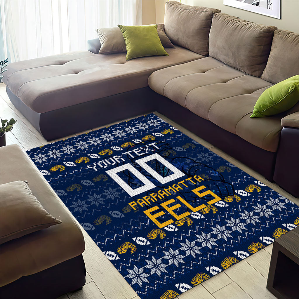 Personalized Parramatta Eels Christmas Area Rug Australian Rugby Fans - Pixelated Ugly Xmas Pattern Mascot Santa