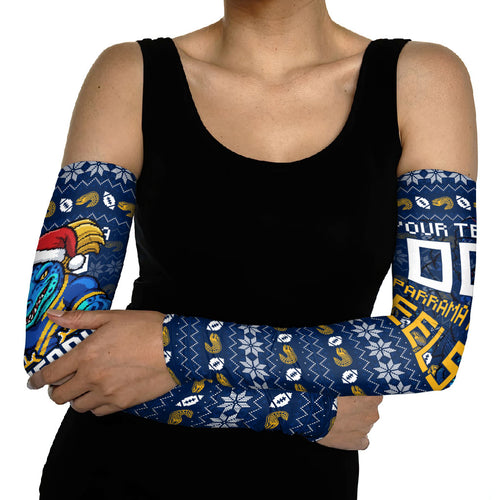 Personalized Parramatta Eels Christmas Arm Sleeves Australian Rugby Fans - Pixelated Ugly Xmas Pattern Mascot Santa