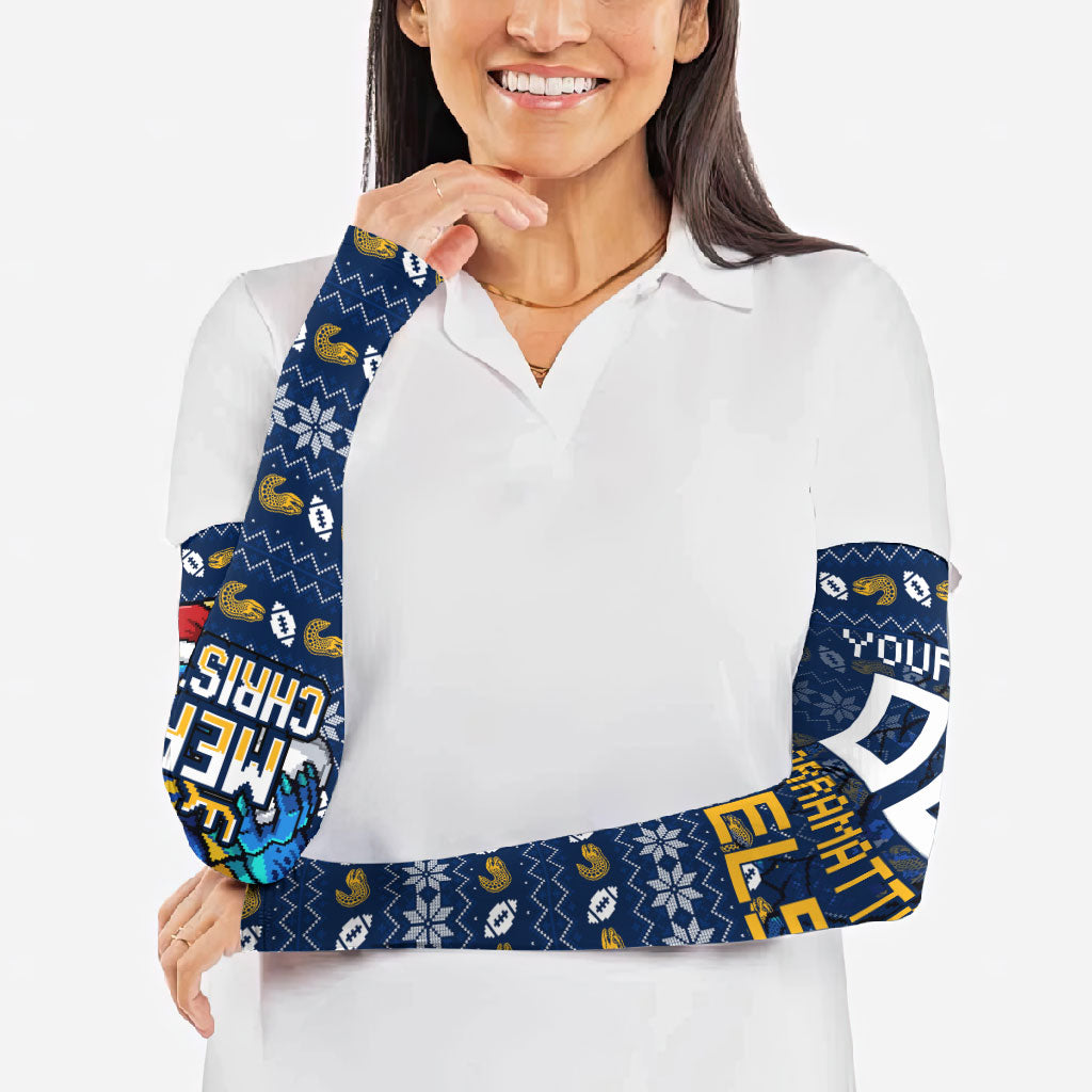 Personalized Parramatta Eels Christmas Arm Sleeves Australian Rugby Fans - Pixelated Ugly Xmas Pattern Mascot Santa
