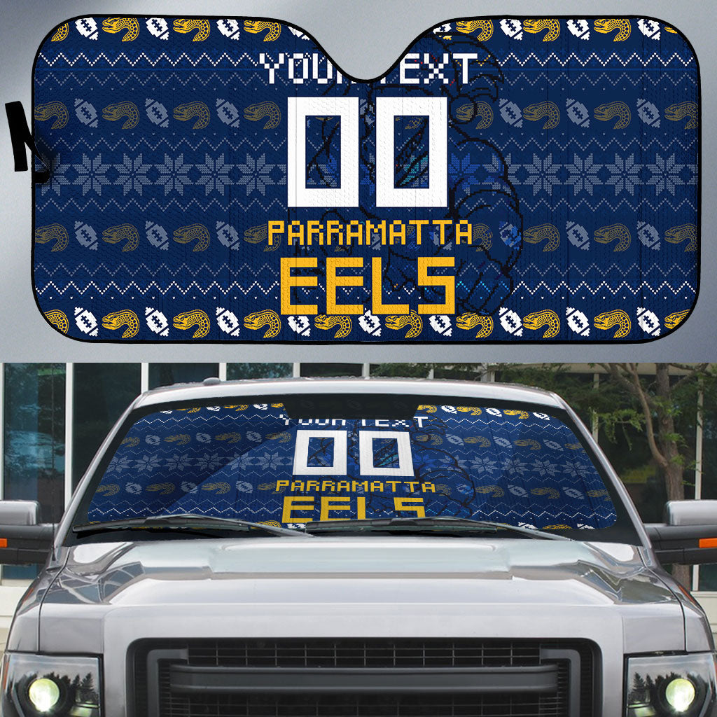 Personalized Parramatta Eels Christmas Auto Sun Shade Australian Rugby Fans - Pixelated Ugly Xmas Pattern Mascot Santa
