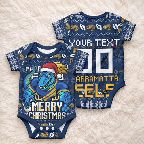 Personalized Parramatta Eels Christmas Baby Onesie Australian Rugby Fans - Pixelated Ugly Xmas Pattern Mascot Santa