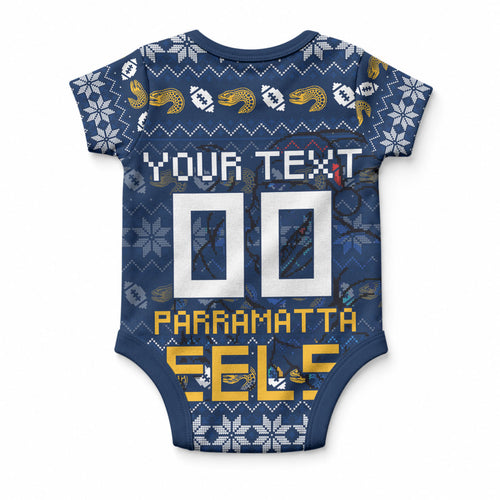 Personalized Parramatta Eels Christmas Baby Onesie Australian Rugby Fans - Pixelated Ugly Xmas Pattern Mascot Santa
