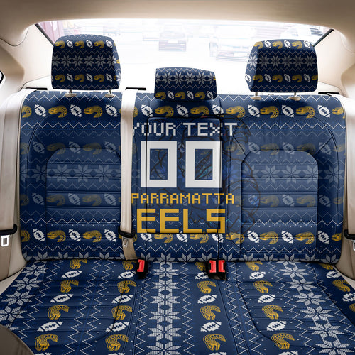 Personalized Parramatta Eels Christmas Back Car Seat Cover Australian Rugby Fans - Pixelated Ugly Xmas Pattern Mascot Santa