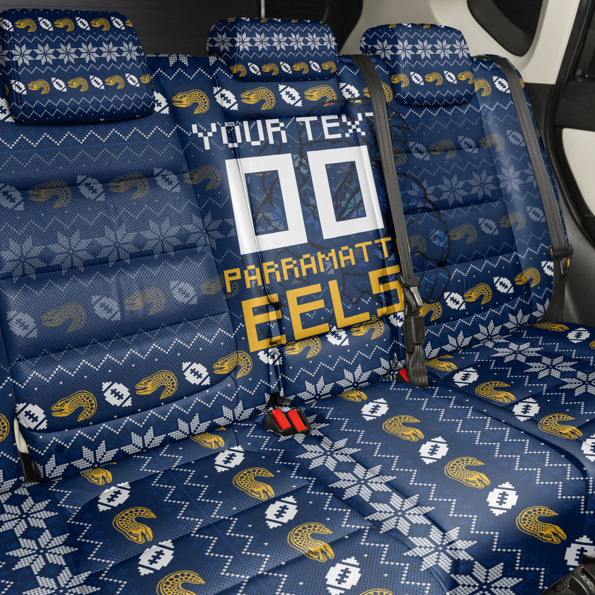 Personalized Parramatta Eels Christmas Back Car Seat Cover Australian Rugby Fans - Pixelated Ugly Xmas Pattern Mascot Santa