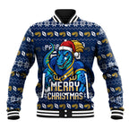 Personalized Parramatta Eels Christmas Baseball Jacket Australian Rugby Fans - Pixelated Ugly Xmas Pattern Mascot Santa