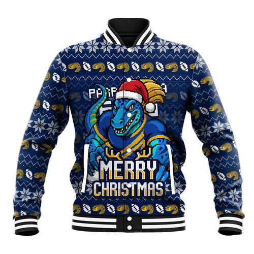 Personalized Parramatta Eels Christmas Baseball Jacket Australian Rugby Fans - Pixelated Ugly Xmas Pattern Mascot Santa