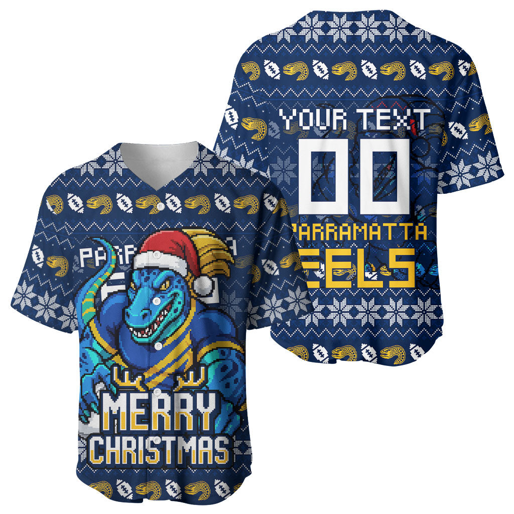 Personalized Parramatta Eels Christmas Baseball Jersey Australian Rugby Fans - Pixelated Ugly Xmas Pattern Mascot Santa