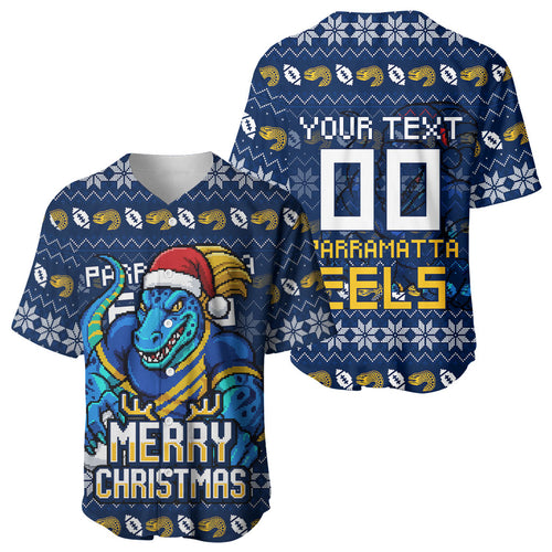 Personalized Parramatta Eels Christmas Baseball Jersey Australian Rugby Fans - Pixelated Ugly Xmas Pattern Mascot Santa
