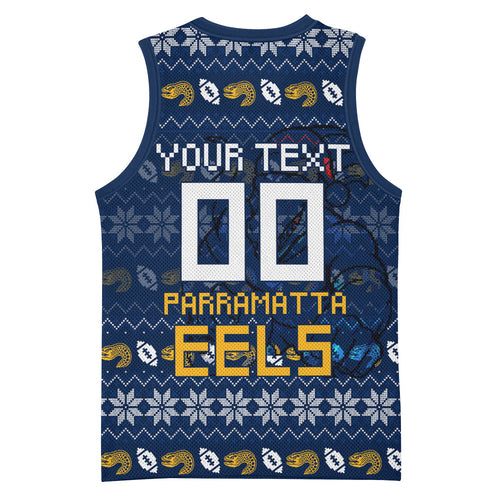 Personalized Parramatta Eels Christmas Basketball Jersey Australian Rugby Fans - Pixelated Ugly Xmas Pattern Mascot Santa
