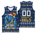 Personalized Parramatta Eels Christmas Basketball Jersey Australian Rugby Fans - Pixelated Ugly Xmas Pattern Mascot Santa