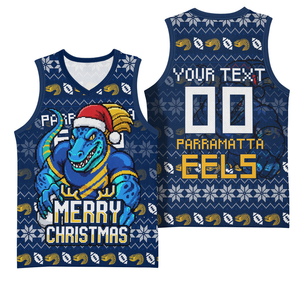 Personalized Parramatta Eels Christmas Basketball Jersey Australian Rugby Fans - Pixelated Ugly Xmas Pattern Mascot Santa