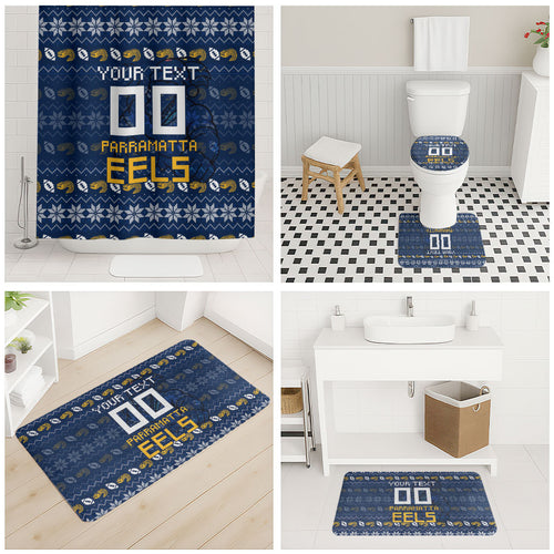 Personalized Parramatta Eels Christmas Bathroom Set Australian Rugby Fans - Pixelated Ugly Xmas Pattern Mascot Santa